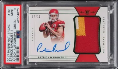 2017 National Treasures Green Patrick Mahomes II RC PATCH AUTO /15 #161 PSA 9