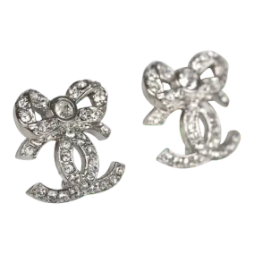 Chanel Mini Crystal Bow CC Stud Earrings Silver Hardware