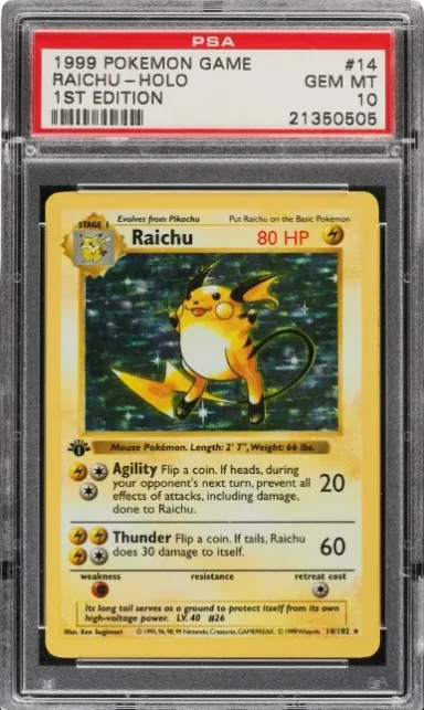 1999 Pokemon Base Set Shadowless 1st Edition Holo Raichu #14 PSA 10 GEM MINT
