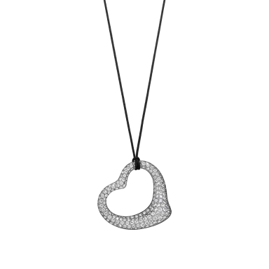 Open Heart Pendant in Platinum with Pavé Diamonds and Black Silk
